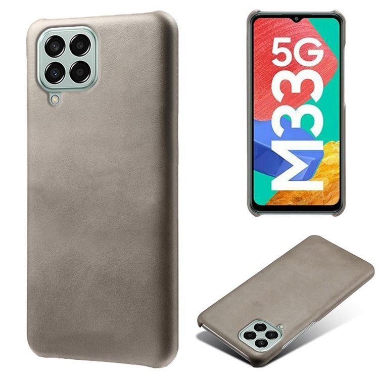 For Samsung Galaxy M33 5G (Global Version) Textured PU Leather Coated PC Phone Case Back Guard Shell - Grey