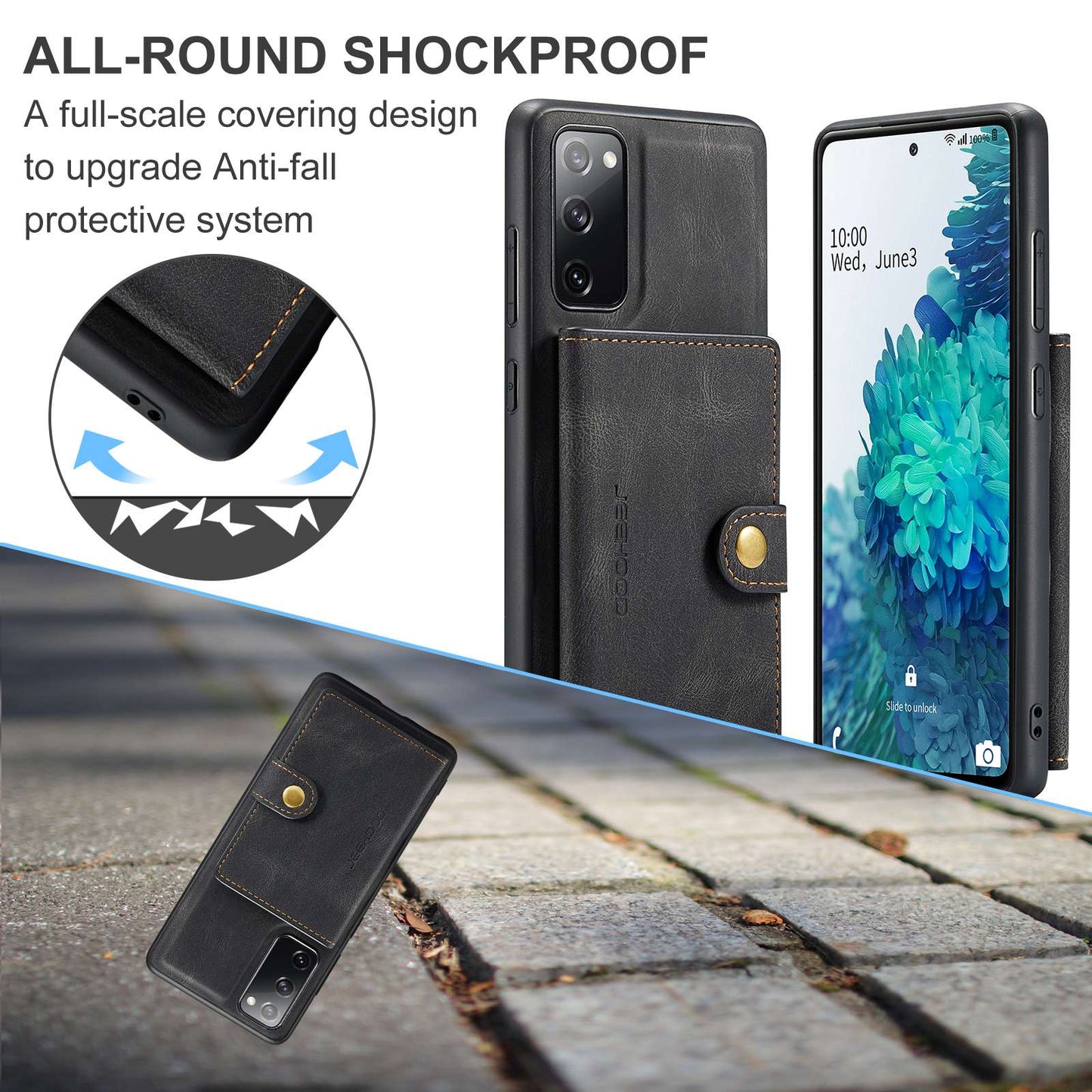 JEEHOOD For Samsung Galaxy S20 FE 2022/S20 FE 4G/S20 FE 5G/S20 Lite Wallet Kickstand Cover Detachable 2-in-1 PU Leather Coated TPU Phone Case - Black