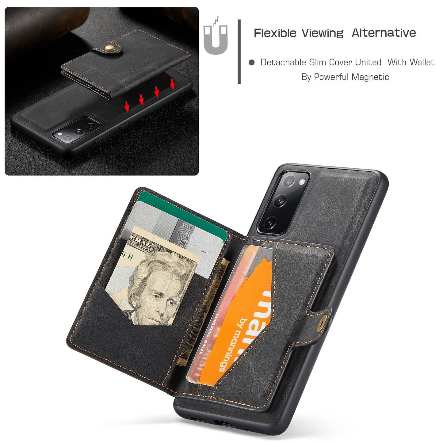 JEEHOOD For Samsung Galaxy S20 FE 2022/S20 FE 4G/S20 FE 5G/S20 Lite Wallet Kickstand Cover Detachable 2-in-1 PU Leather Coated TPU Phone Case - Black