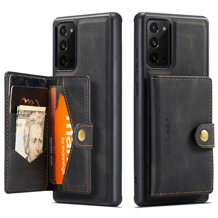 JEEHOOD For Samsung Galaxy Note20 4G/Note20 5G Detachable Leather Coated TPU Case Kickstand Wallet Phone Protective Cover - Black