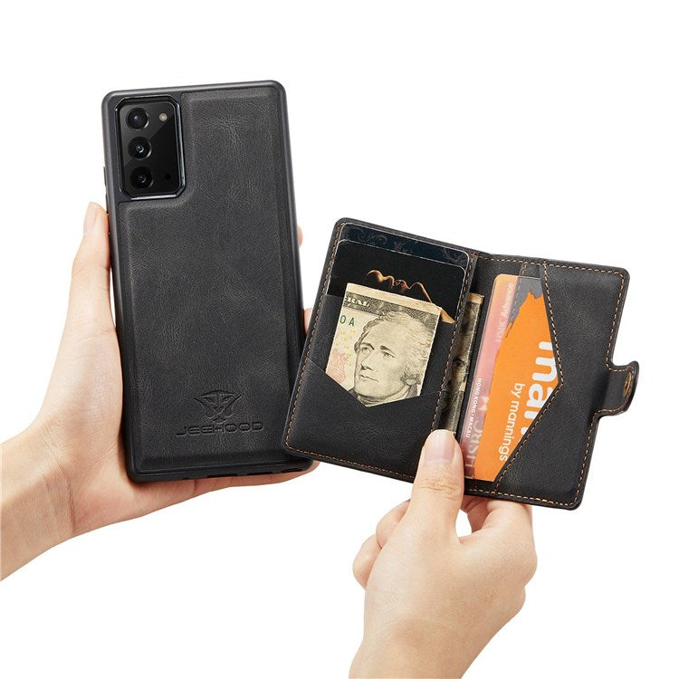 JEEHOOD For Samsung Galaxy Note20 4G/Note20 5G Detachable Leather Coated TPU Case Kickstand Wallet Phone Protective Cover - Black