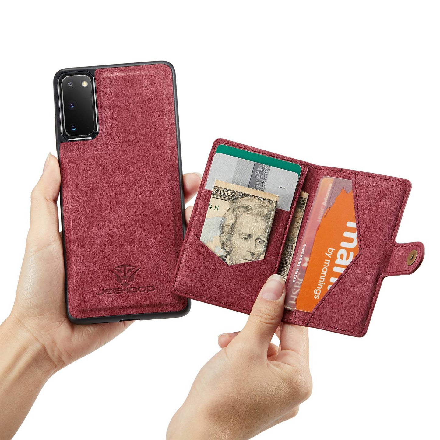 JEEHOOD For Samsung Galaxy S20 4G/5G Detachable Wallet Kickstand Case PU Leather Coated TPU Well-protected Phone Shell - Red