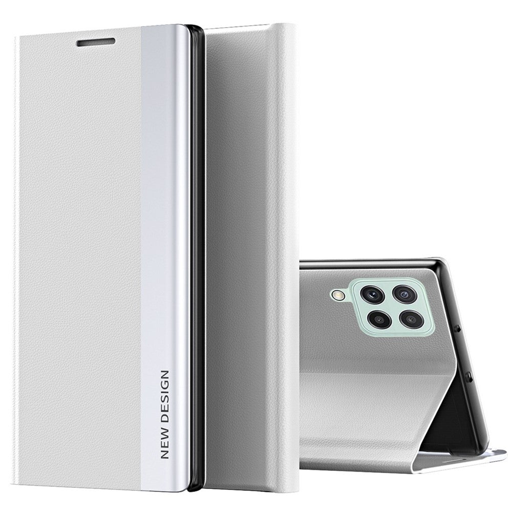 For Samsung Galaxy M33 5G (Global Version) Electroplating PU Leather Stand Case Auto Absorption All-round Protection Phone Cover - White