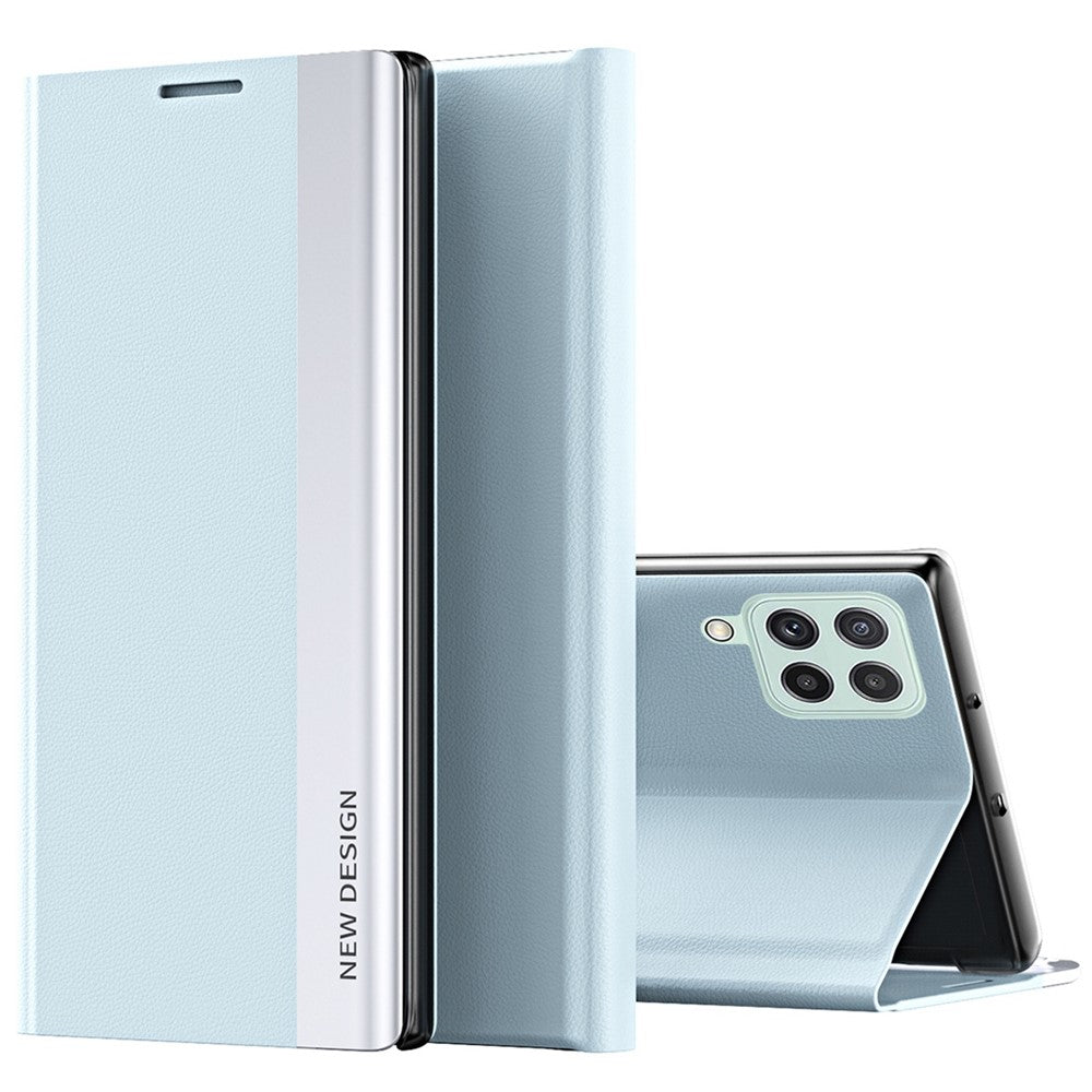 For Samsung Galaxy M33 5G (Global Version) Electroplating PU Leather Stand Case Auto Absorption All-round Protection Phone Cover - Baby Blue