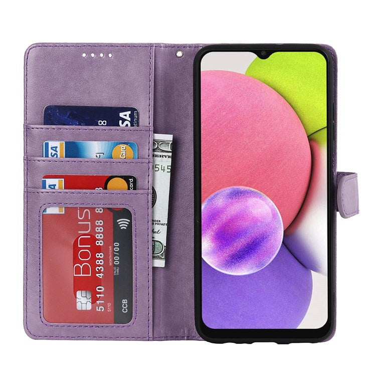 For Samsung Galaxy A03s (166.5 x 75.98 x 9.14mm) R61 Texture Felled Seam Wallet Folio Case PU Leather Wrist Strap Magnetic Closure Stand Phone Cover - Purple