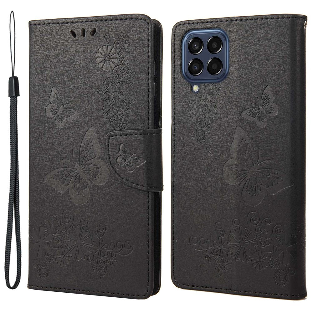 For Samsung Galaxy M33 5G (Global Version) Wallet Case Butterfly Flower Imprinted PU Leather Stand Flip Cover with Hand Strap - Black