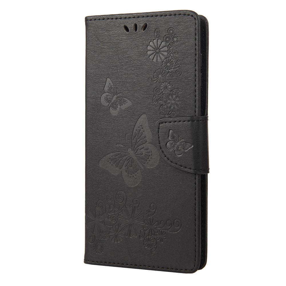 For Samsung Galaxy M33 5G (Global Version) Wallet Case Butterfly Flower Imprinted PU Leather Stand Flip Cover with Hand Strap - Black