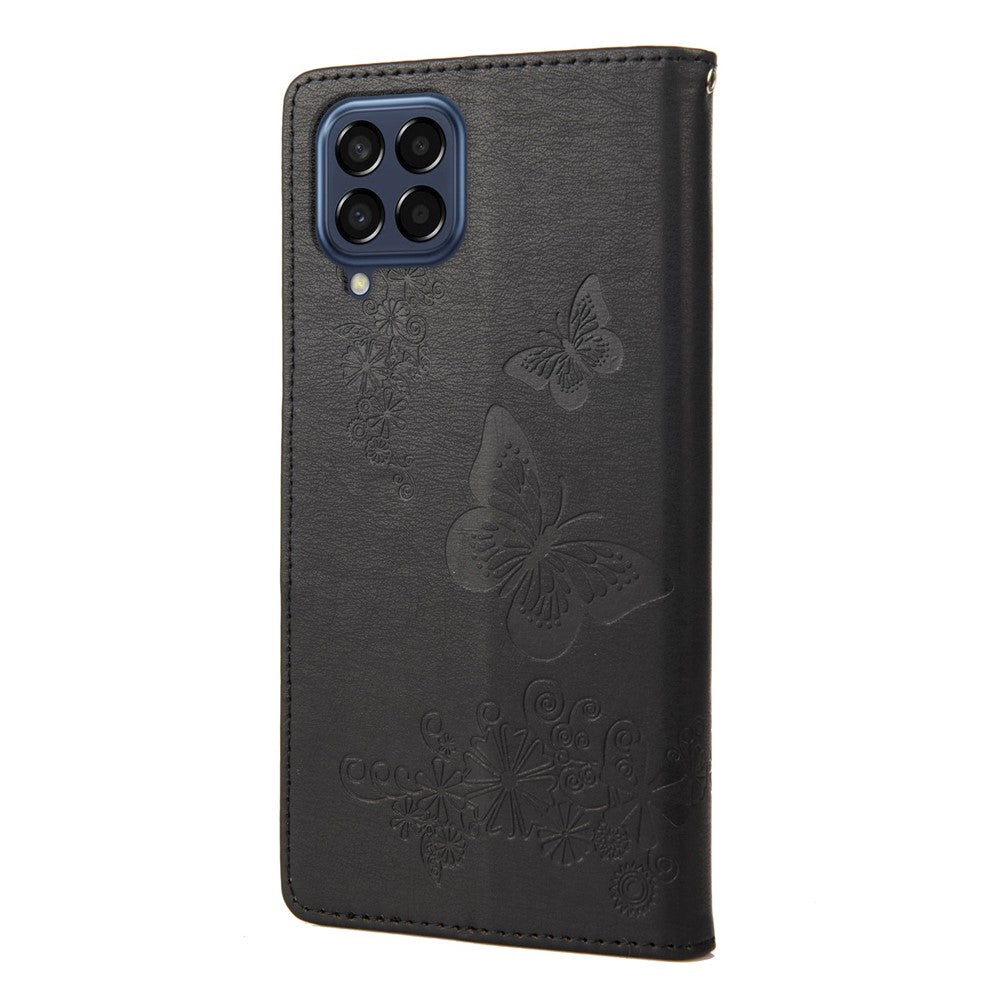 For Samsung Galaxy M33 5G (Global Version) Wallet Case Butterfly Flower Imprinted PU Leather Stand Flip Cover with Hand Strap - Black