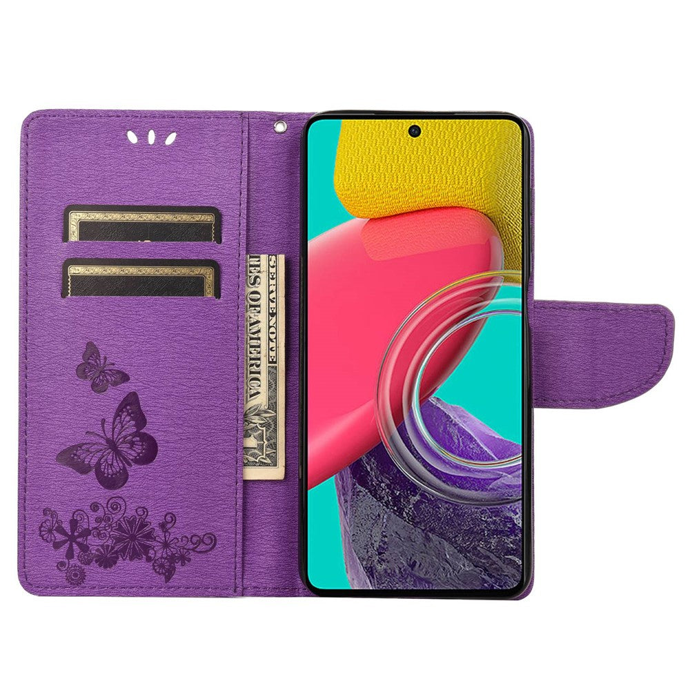 For Samsung Galaxy M33 5G (Global Version) Wallet Case Butterfly Flower Imprinted PU Leather Stand Flip Cover with Hand Strap - Purple