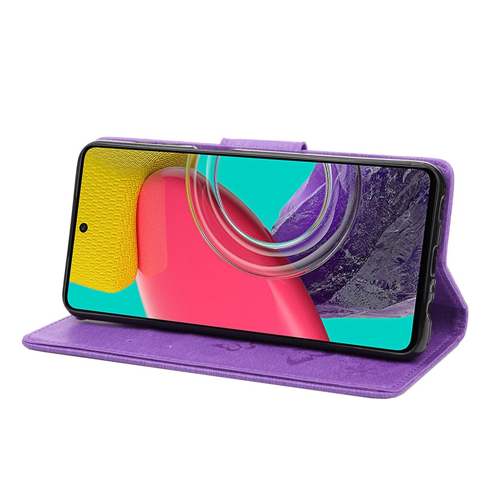 For Samsung Galaxy M33 5G (Global Version) Wallet Case Butterfly Flower Imprinted PU Leather Stand Flip Cover with Hand Strap - Purple
