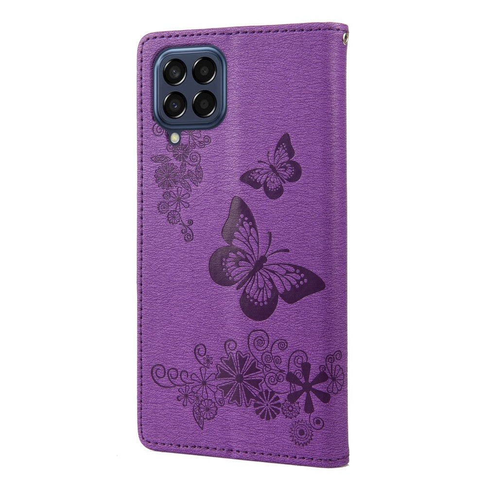 For Samsung Galaxy M33 5G (Global Version) Wallet Case Butterfly Flower Imprinted PU Leather Stand Flip Cover with Hand Strap - Purple