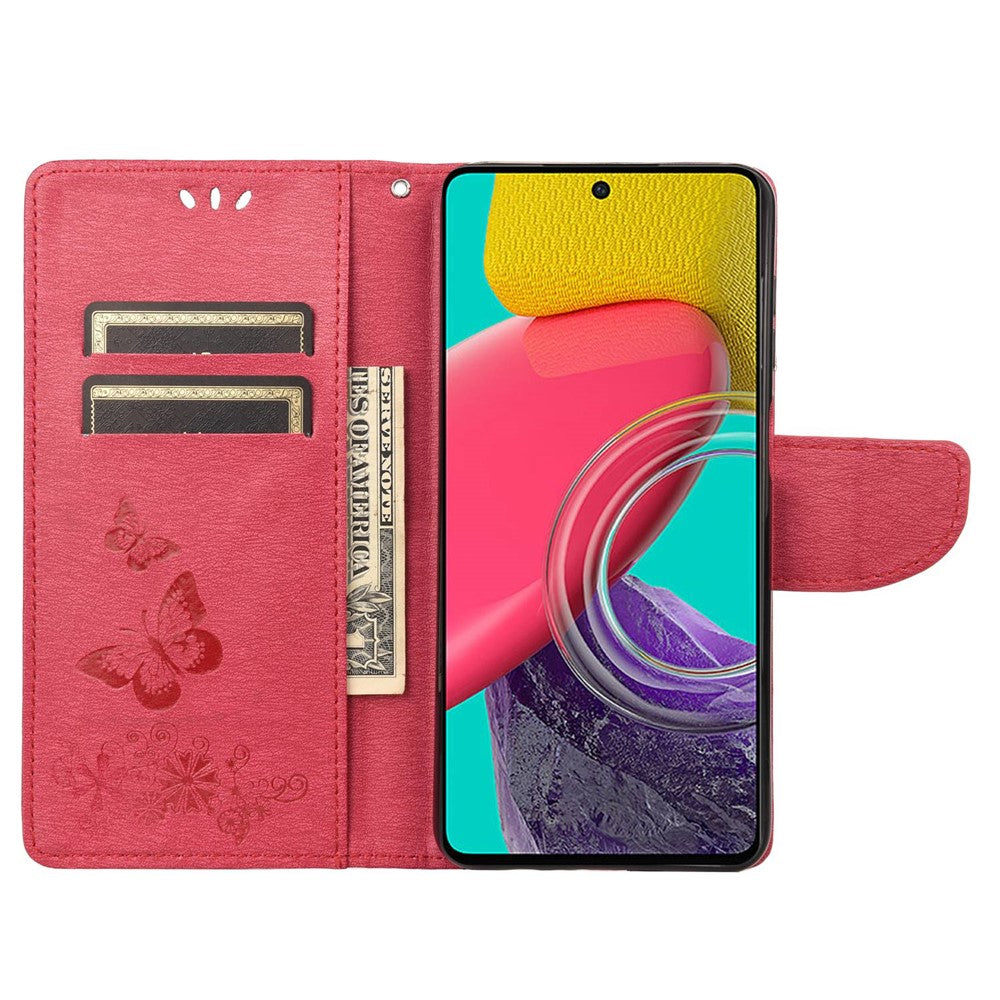For Samsung Galaxy M33 5G (Global Version) Wallet Case Butterfly Flower Imprinted PU Leather Stand Flip Cover with Hand Strap - Red
