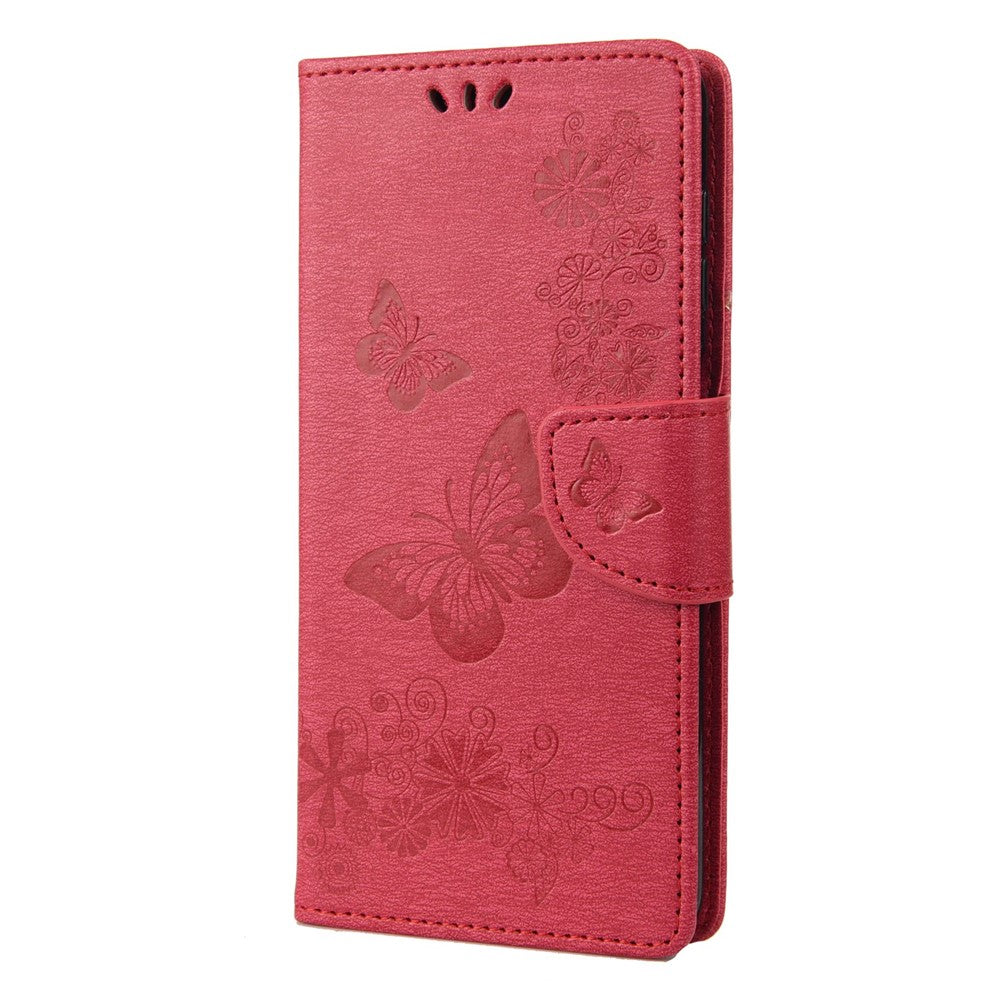 For Samsung Galaxy M33 5G (Global Version) Wallet Case Butterfly Flower Imprinted PU Leather Stand Flip Cover with Hand Strap - Red