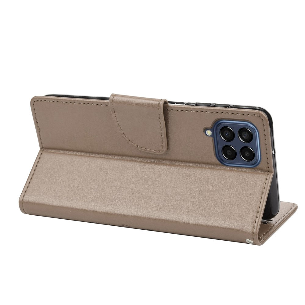 For Samsung Galaxy M33 5G (Global Version) Butterfly Flower Imprinted Wallet Case, PU Leather Foldable Stand Flip Cover with Hand Strap - Grey