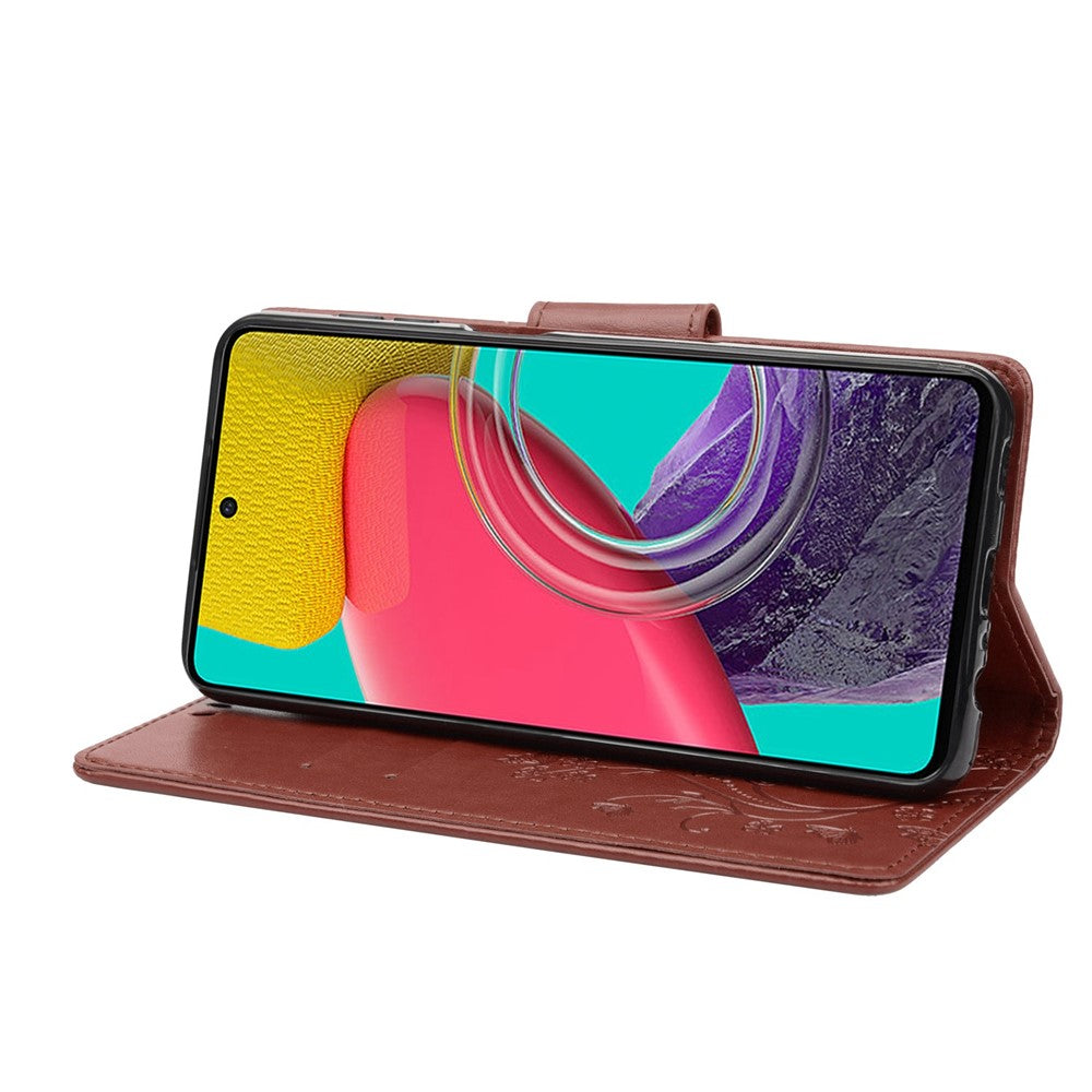 For Samsung Galaxy M33 5G (Global Version) Butterfly Flower Imprinted Wallet Case, PU Leather Foldable Stand Flip Cover with Hand Strap - Brown