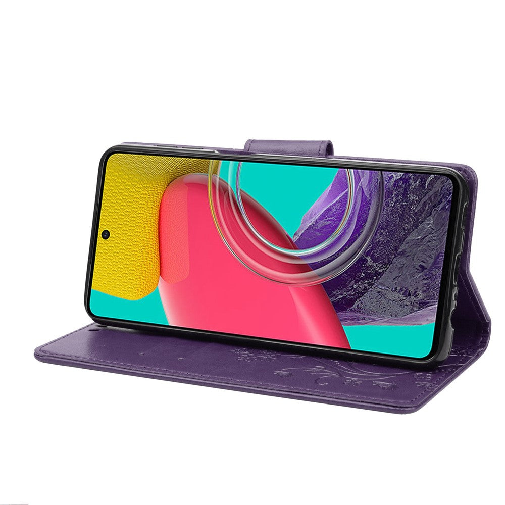 For Samsung Galaxy M33 5G (Global Version) Butterfly Flower Imprinted Wallet Case, PU Leather Foldable Stand Flip Cover with Hand Strap - Purple