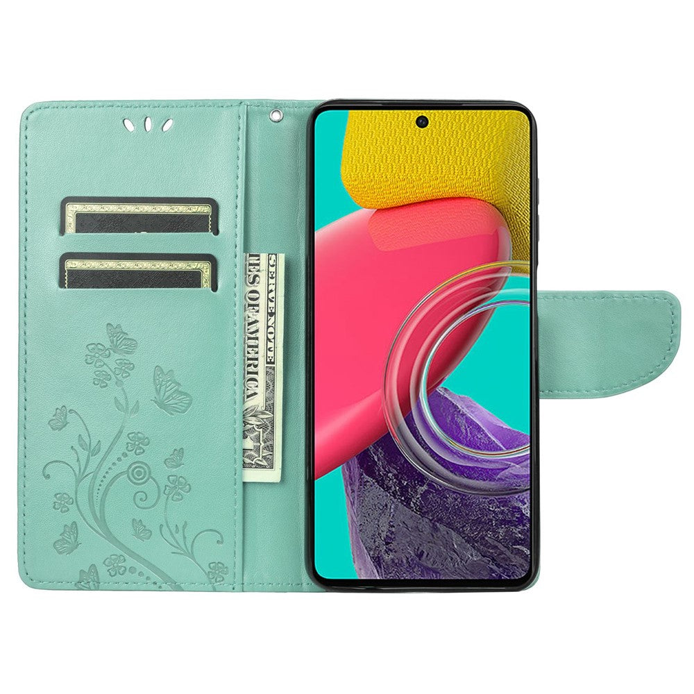 For Samsung Galaxy M33 5G (Global Version) Butterfly Flower Imprinted Wallet Case, PU Leather Foldable Stand Flip Cover with Hand Strap - Green