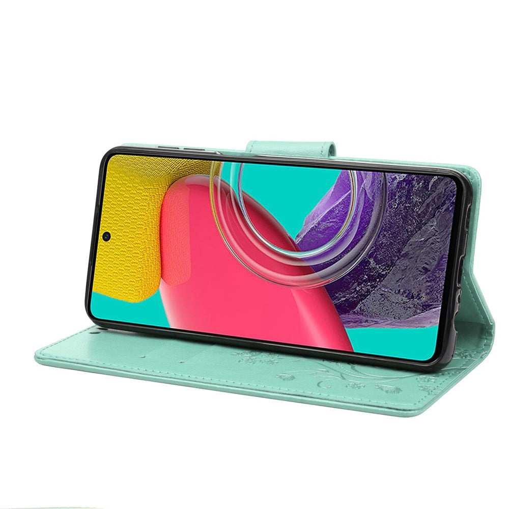 For Samsung Galaxy M33 5G (Global Version) Butterfly Flower Imprinted Wallet Case, PU Leather Foldable Stand Flip Cover with Hand Strap - Green