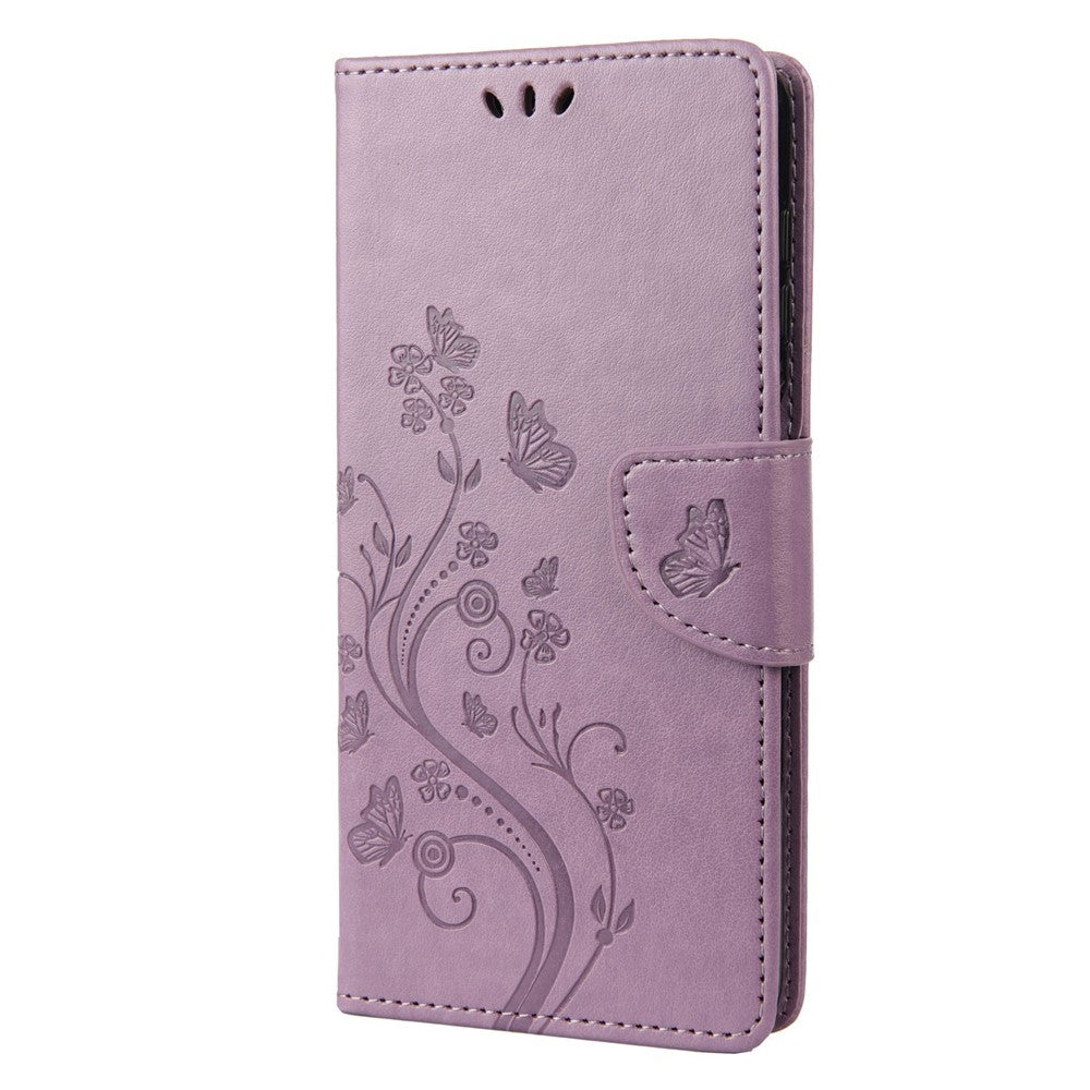 For Samsung Galaxy M33 5G (Global Version) Butterfly Flower Imprinted Wallet Case, PU Leather Foldable Stand Flip Cover with Hand Strap - Light Purple