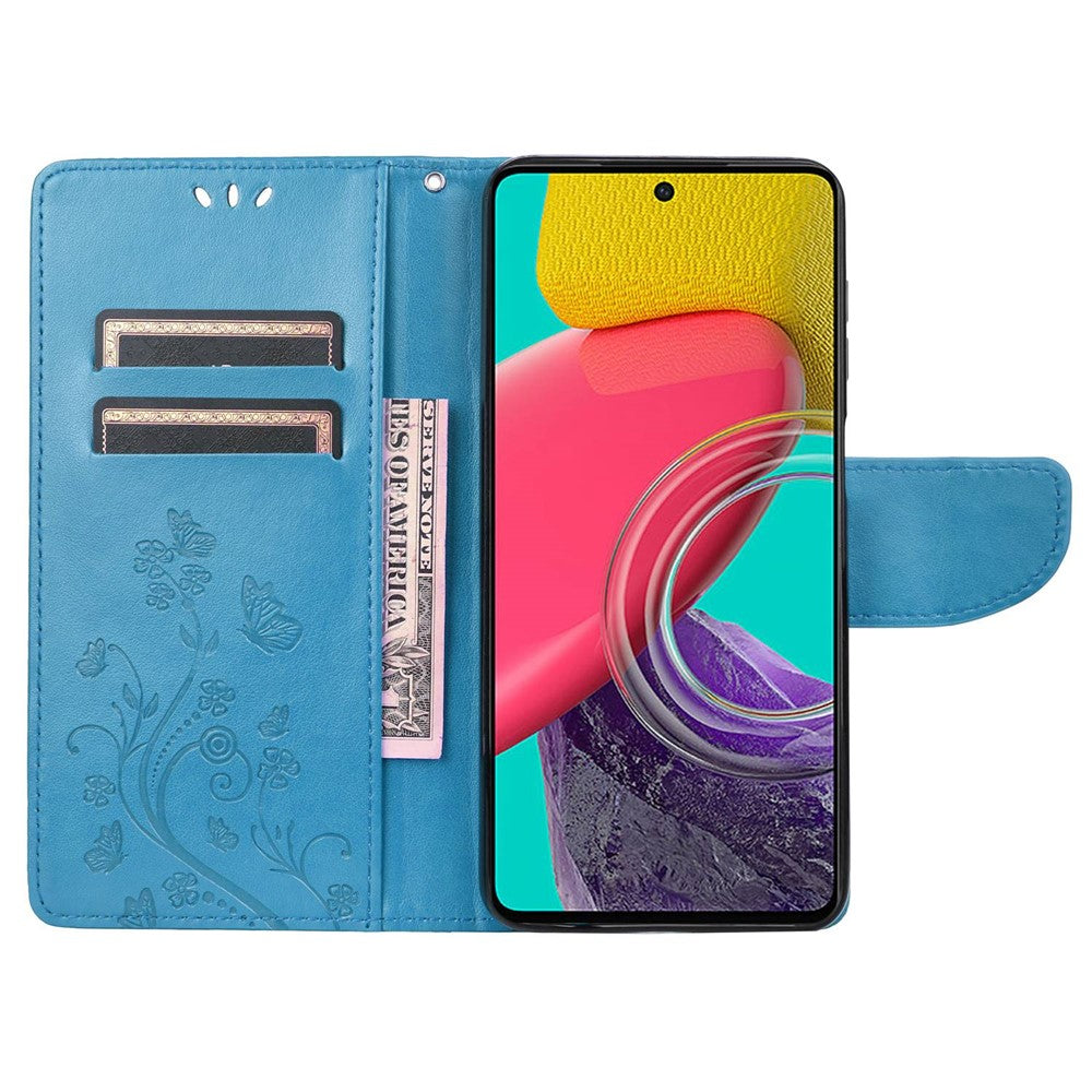 For Samsung Galaxy M33 5G (Global Version) Butterfly Flower Imprinted Wallet Case, PU Leather Foldable Stand Flip Cover with Hand Strap - Blue