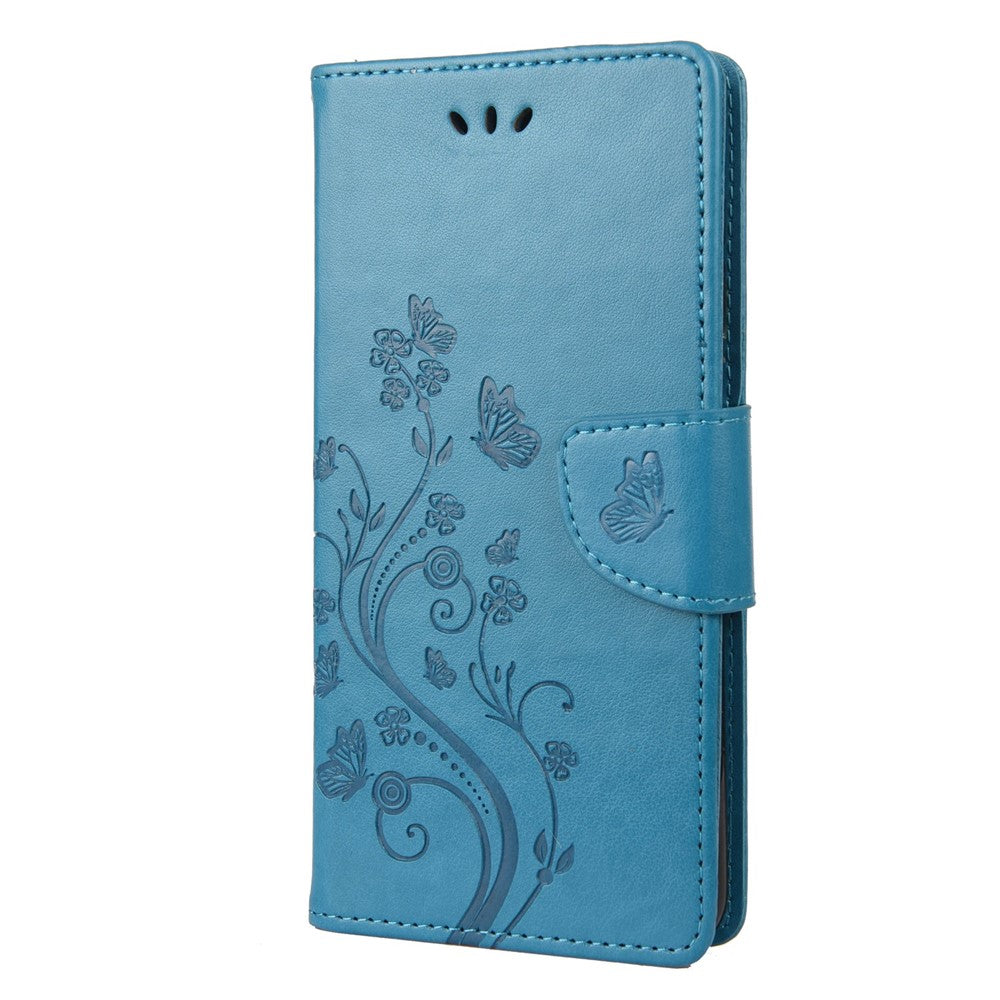 For Samsung Galaxy M33 5G (Global Version) Butterfly Flower Imprinted Wallet Case, PU Leather Foldable Stand Flip Cover with Hand Strap - Blue