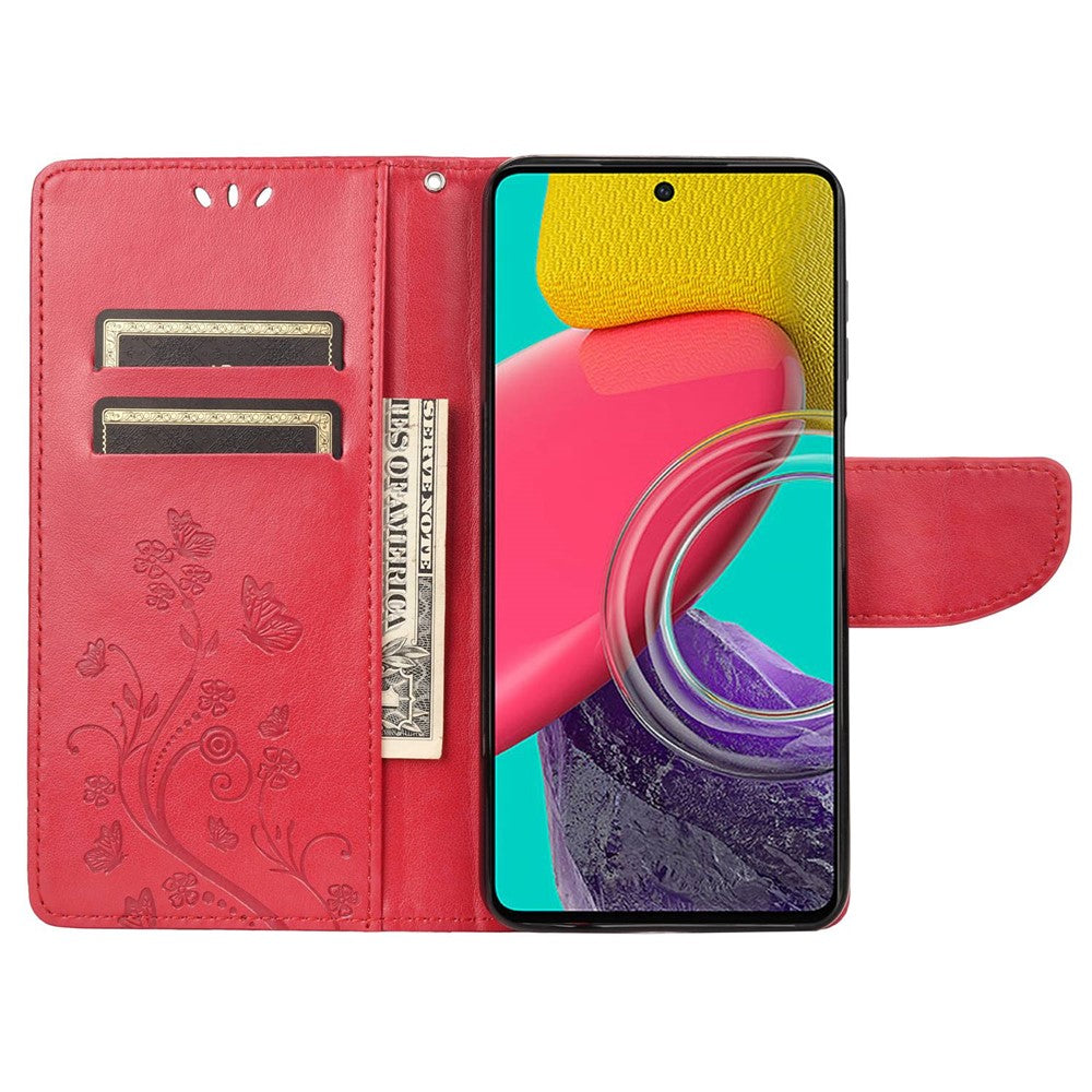 For Samsung Galaxy M33 5G (Global Version) Butterfly Flower Imprinted Wallet Case, PU Leather Foldable Stand Flip Cover with Hand Strap - Red