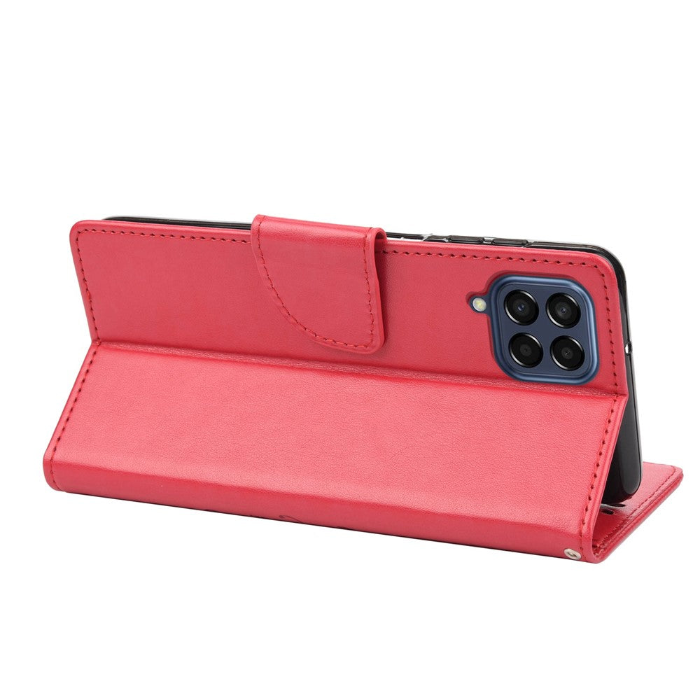 For Samsung Galaxy M33 5G (Global Version) Butterfly Flower Imprinted Wallet Case, PU Leather Foldable Stand Flip Cover with Hand Strap - Red