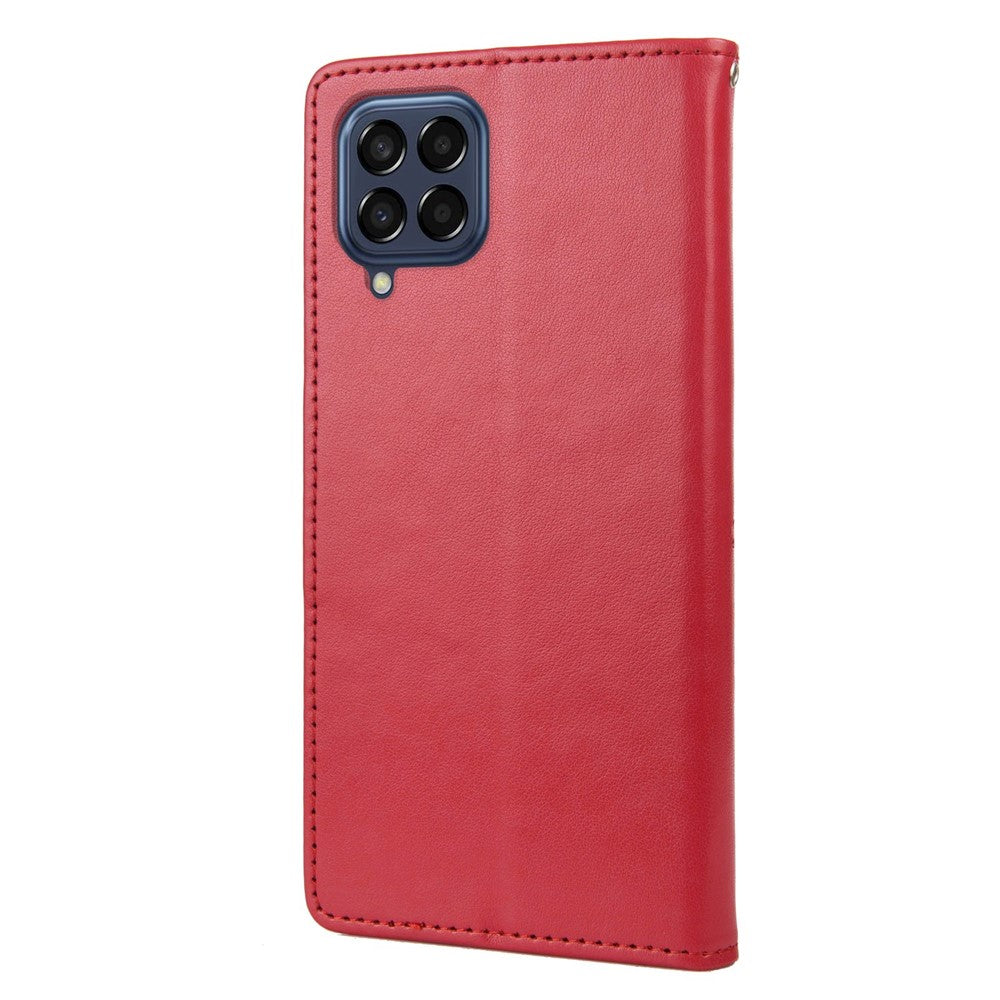 For Samsung Galaxy M33 5G (Global Version) Butterfly Flower Imprinted Wallet Case, PU Leather Foldable Stand Flip Cover with Hand Strap - Red
