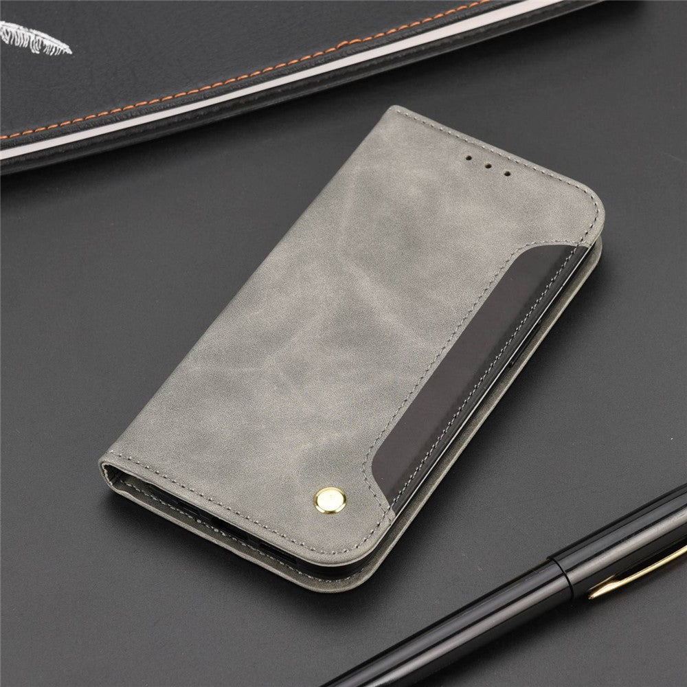 For Samsung Galaxy M33 5G (Global Version) Splicing PU Leather+TPU Skin-touch Feeling Case Stand Magnetic Absorption Flip Folio Wallet Cover - Grey