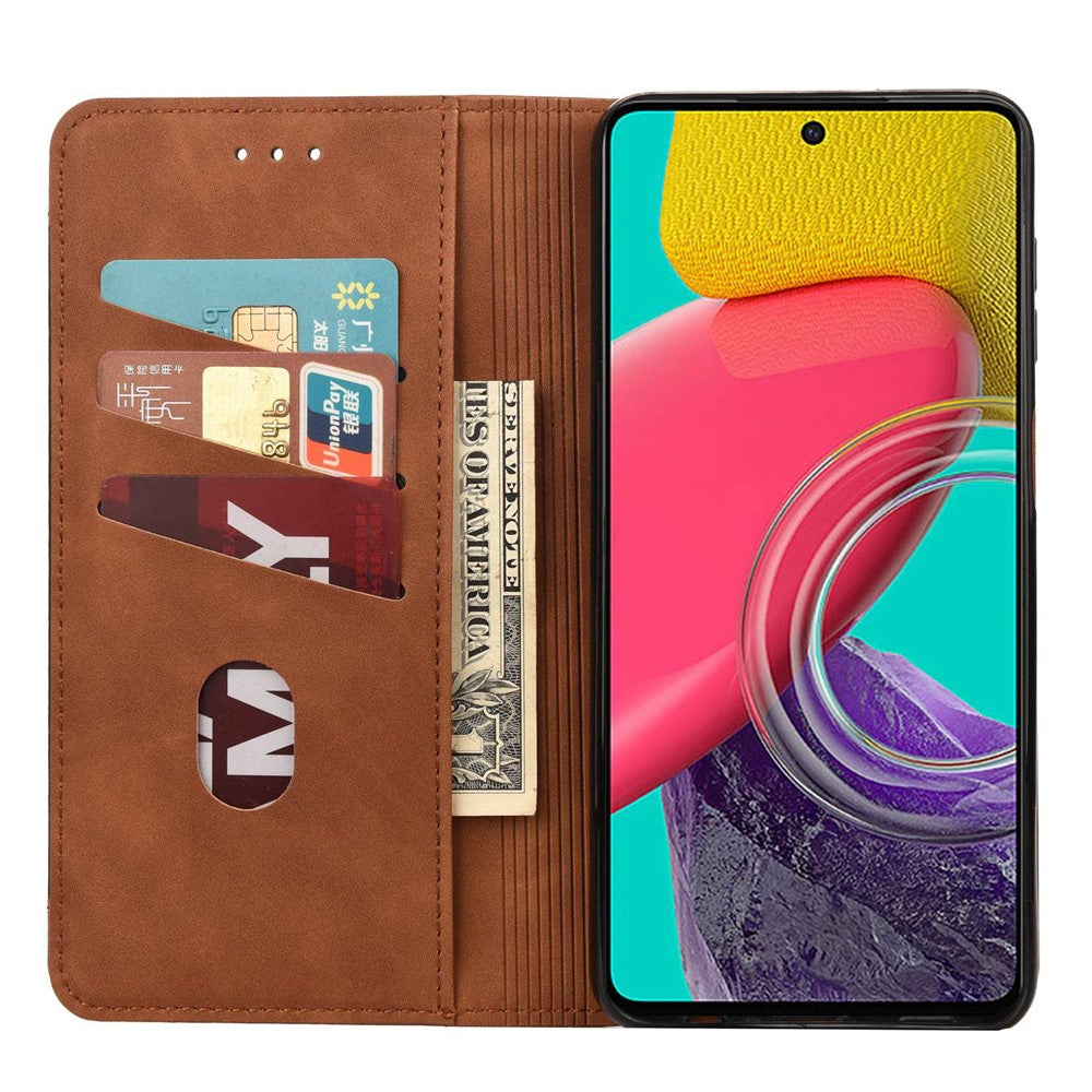 For Samsung Galaxy M33 5G (Global Version) Splicing PU Leather+TPU Skin-touch Feeling Case Stand Magnetic Absorption Flip Folio Wallet Cover - Brown