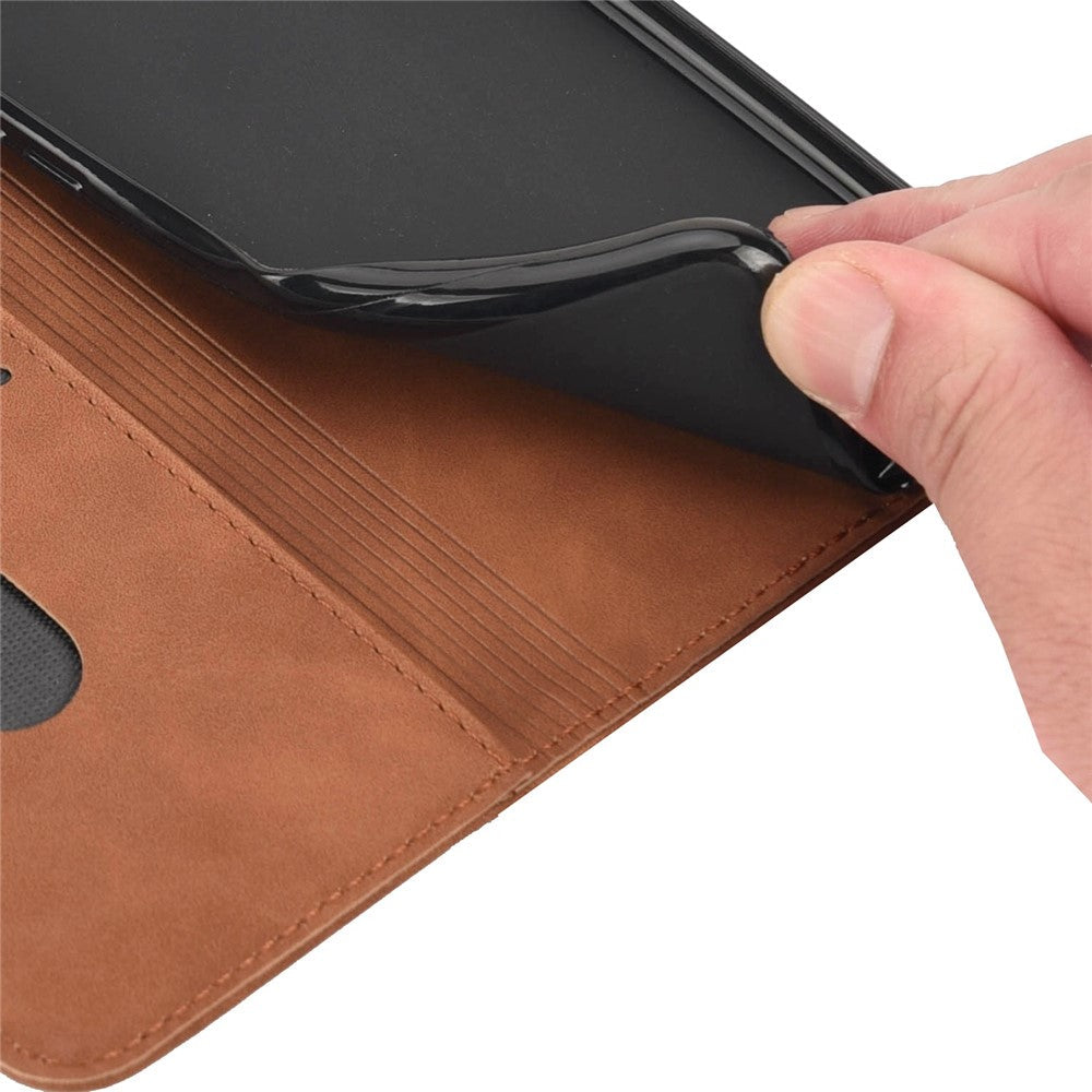 For Samsung Galaxy M33 5G (Global Version) Splicing PU Leather+TPU Skin-touch Feeling Case Stand Magnetic Absorption Flip Folio Wallet Cover - Brown