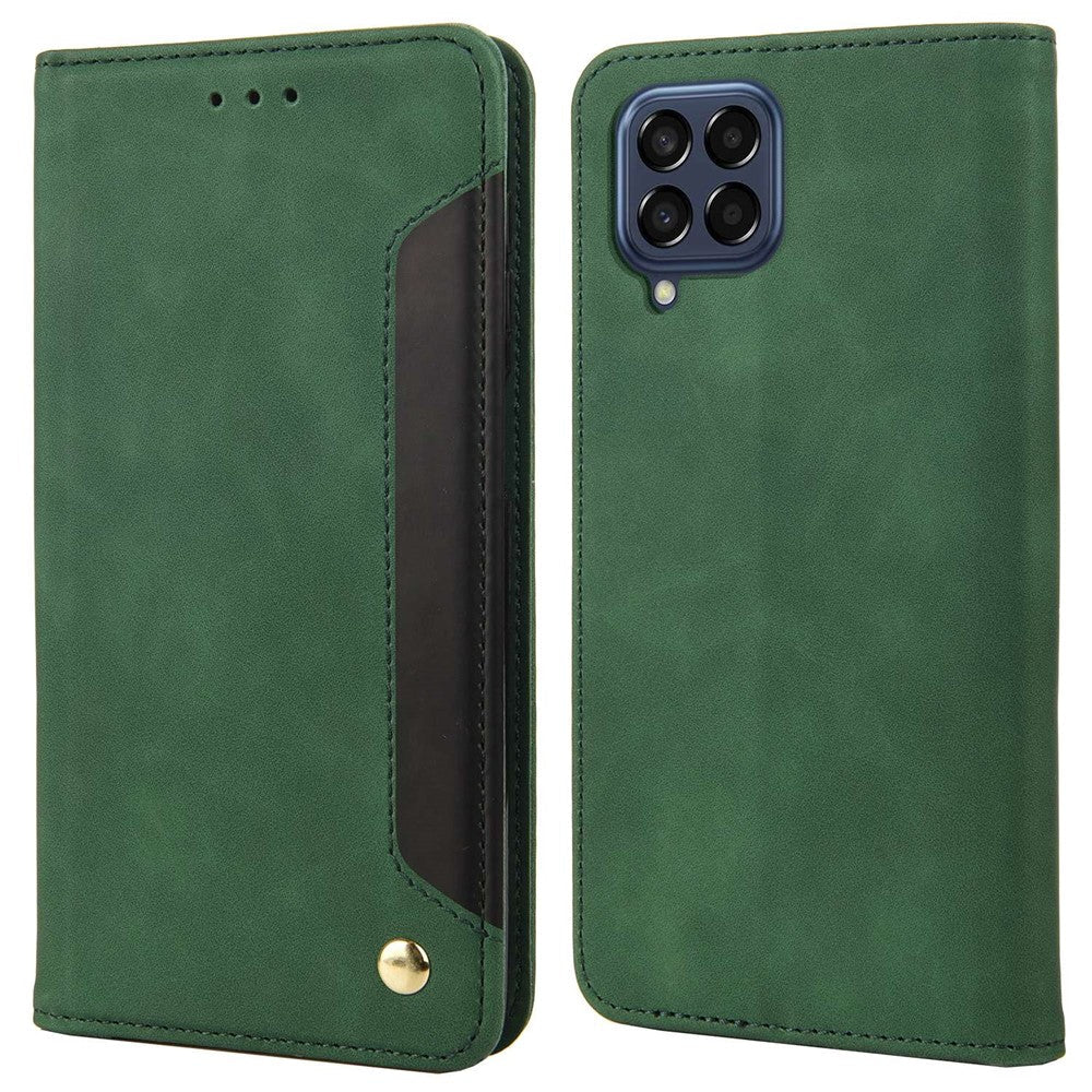 For Samsung Galaxy M33 5G (Global Version) Splicing PU Leather+TPU Skin-touch Feeling Case Stand Magnetic Absorption Flip Folio Wallet Cover - Green