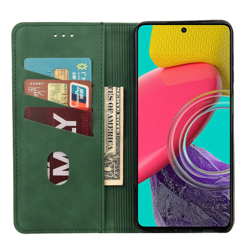 For Samsung Galaxy M33 5G (Global Version) Splicing PU Leather+TPU Skin-touch Feeling Case Stand Magnetic Absorption Flip Folio Wallet Cover - Green