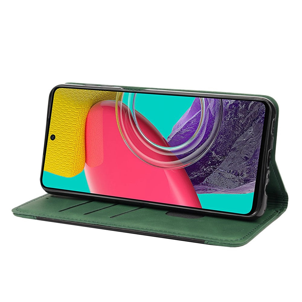 For Samsung Galaxy M33 5G (Global Version) Splicing PU Leather+TPU Skin-touch Feeling Case Stand Magnetic Absorption Flip Folio Wallet Cover - Green