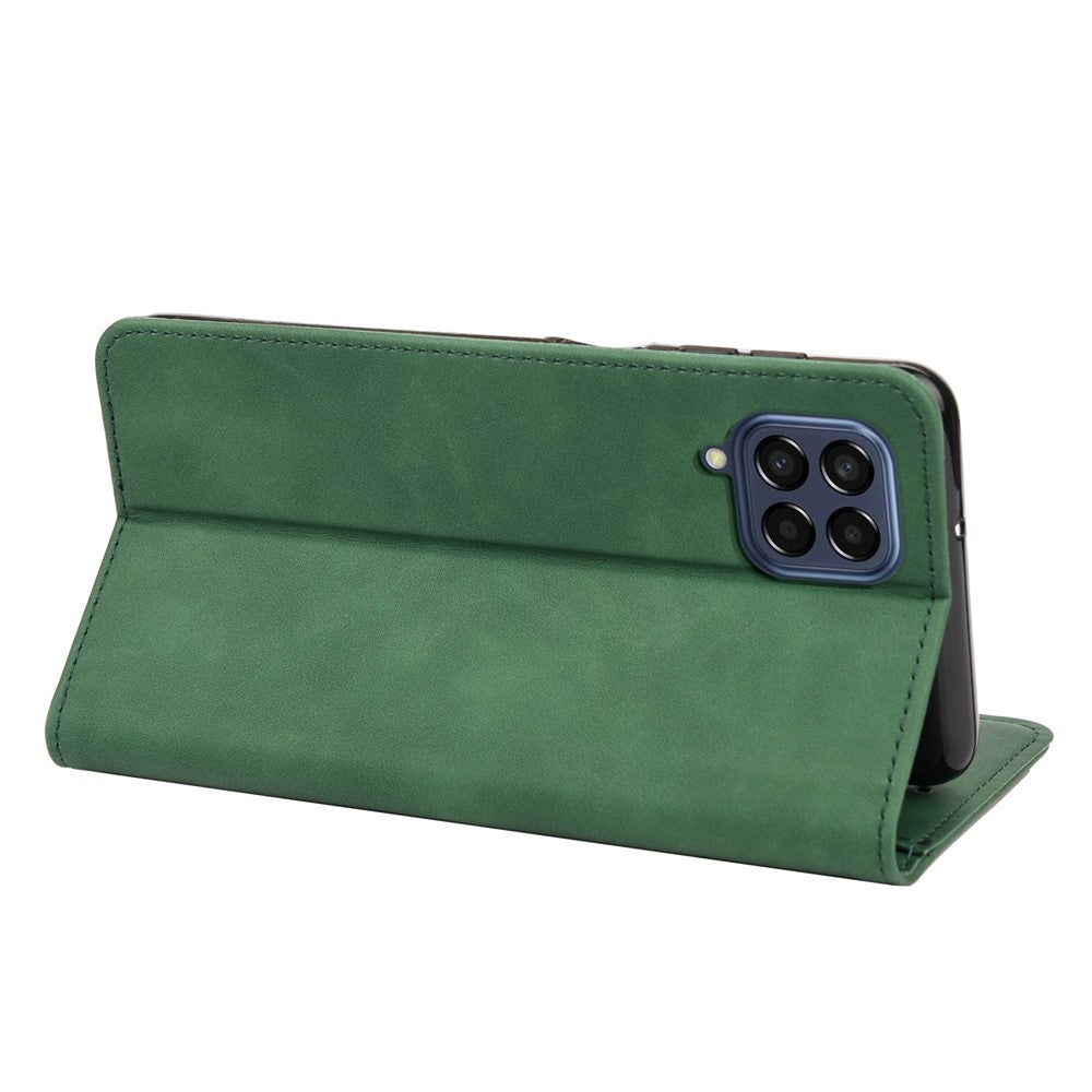 For Samsung Galaxy M33 5G (Global Version) Splicing PU Leather+TPU Skin-touch Feeling Case Stand Magnetic Absorption Flip Folio Wallet Cover - Green