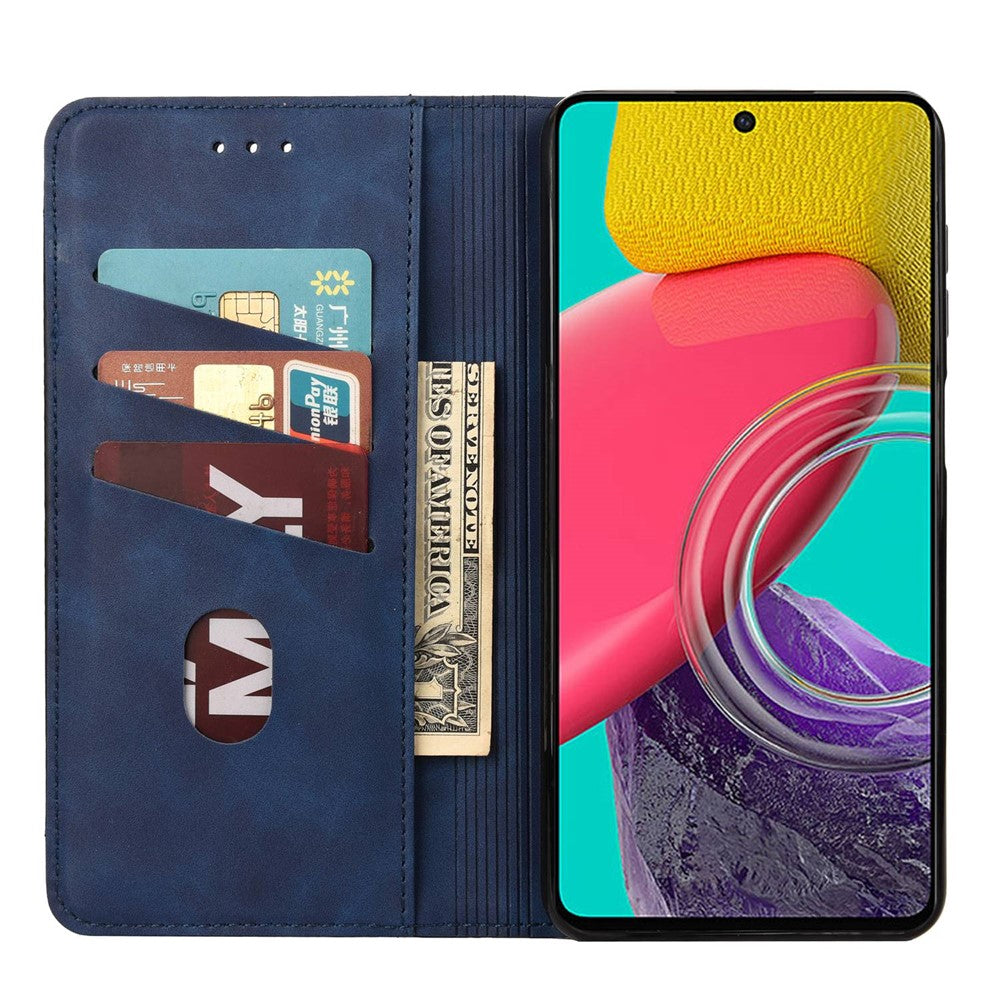 For Samsung Galaxy M33 5G (Global Version) Splicing PU Leather+TPU Skin-touch Feeling Case Stand Magnetic Absorption Flip Folio Wallet Cover - Blue