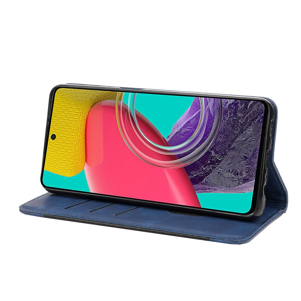 For Samsung Galaxy M33 5G (Global Version) Splicing PU Leather+TPU Skin-touch Feeling Case Stand Magnetic Absorption Flip Folio Wallet Cover - Blue
