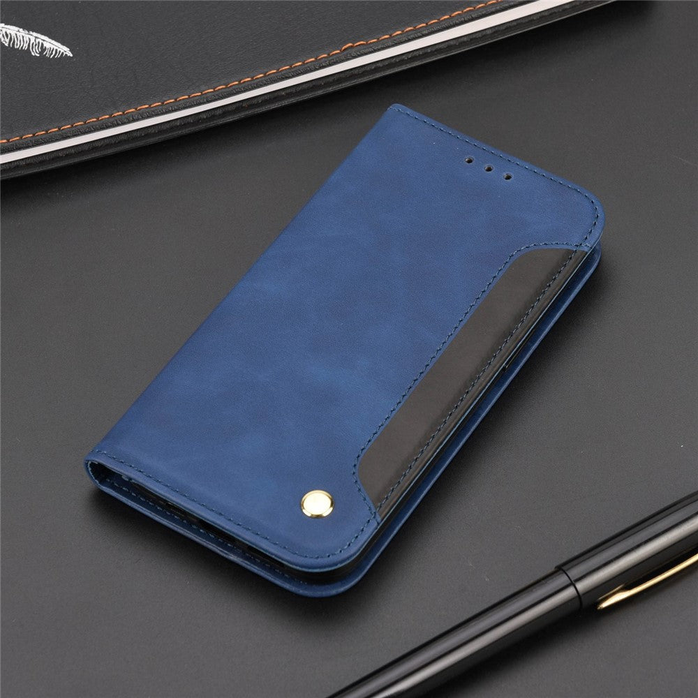 For Samsung Galaxy M33 5G (Global Version) Splicing PU Leather+TPU Skin-touch Feeling Case Stand Magnetic Absorption Flip Folio Wallet Cover - Blue
