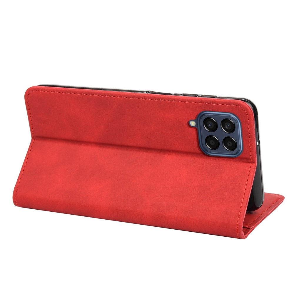 For Samsung Galaxy M33 5G (Global Version) Splicing PU Leather+TPU Skin-touch Feeling Case Stand Magnetic Absorption Flip Folio Wallet Cover - Red