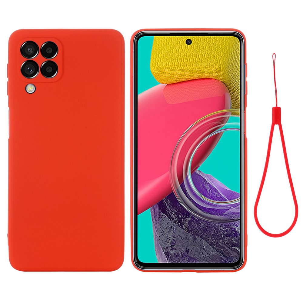 For Samsung Galaxy M53 5G Strap Anti-drop Liquid Silicone Lightweight Case Soft Microfiber Lining Protector - Red