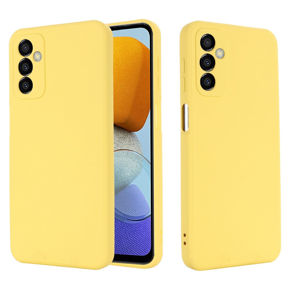 For Samsung Galaxy M23 5G/F23 5G Precise Cut-outs Shockproof Liquid Silicone Case Soft Microfiber Lining Shell with Strap - Yellow