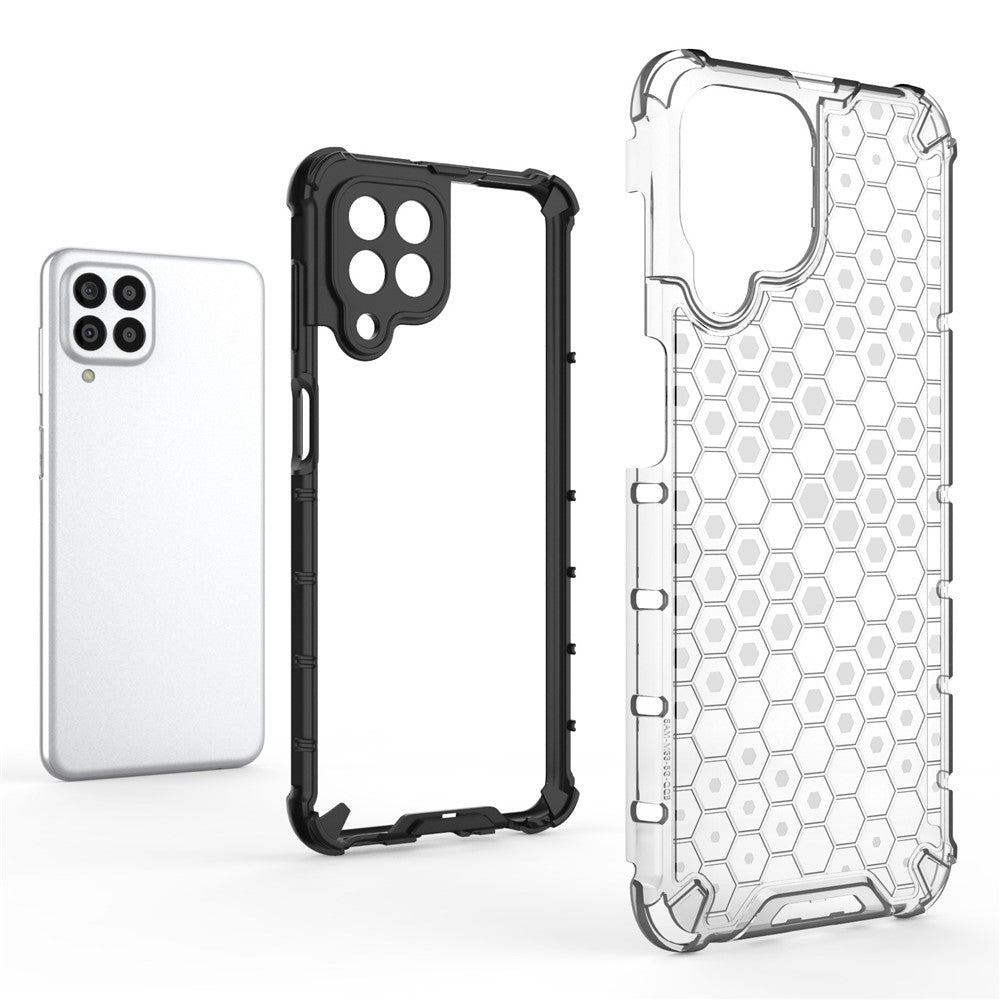 For Samsung Galaxy M33 5G (Global Version) Honeycomb Textured Soft TPU + Hard PC Phone Anti-drop Case Hybrid Protective Cover - Red