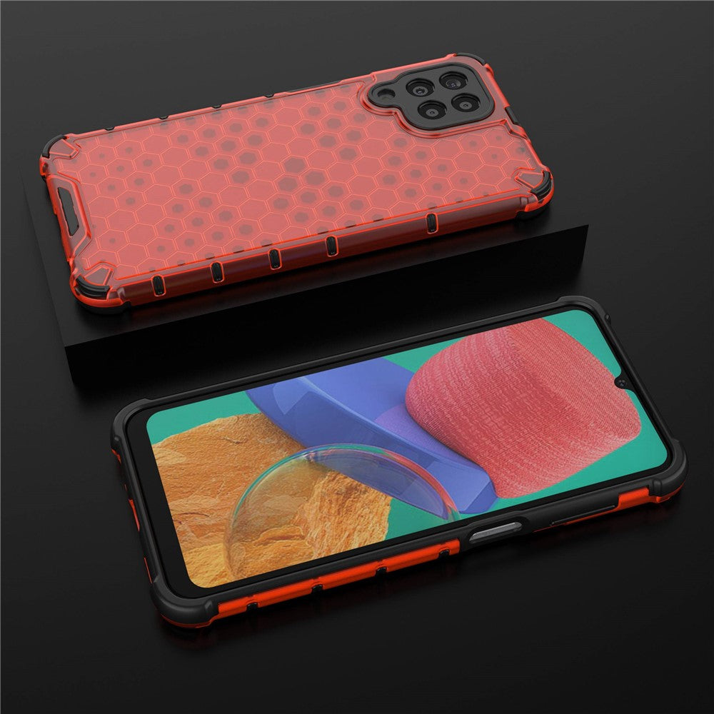 For Samsung Galaxy M33 5G (Global Version) Honeycomb Textured Soft TPU + Hard PC Phone Anti-drop Case Hybrid Protective Cover - Red