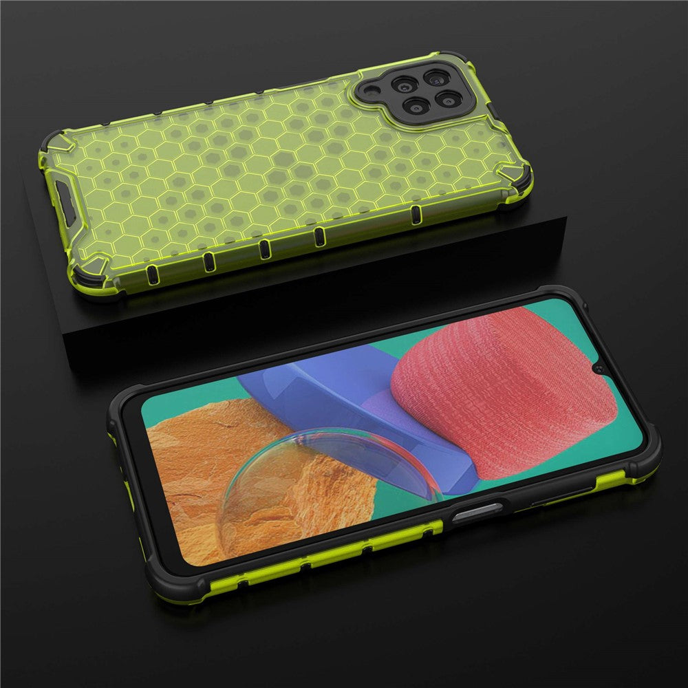 For Samsung Galaxy M33 5G (Global Version) Honeycomb Textured Soft TPU + Hard PC Phone Anti-drop Case Hybrid Protective Cover - Green