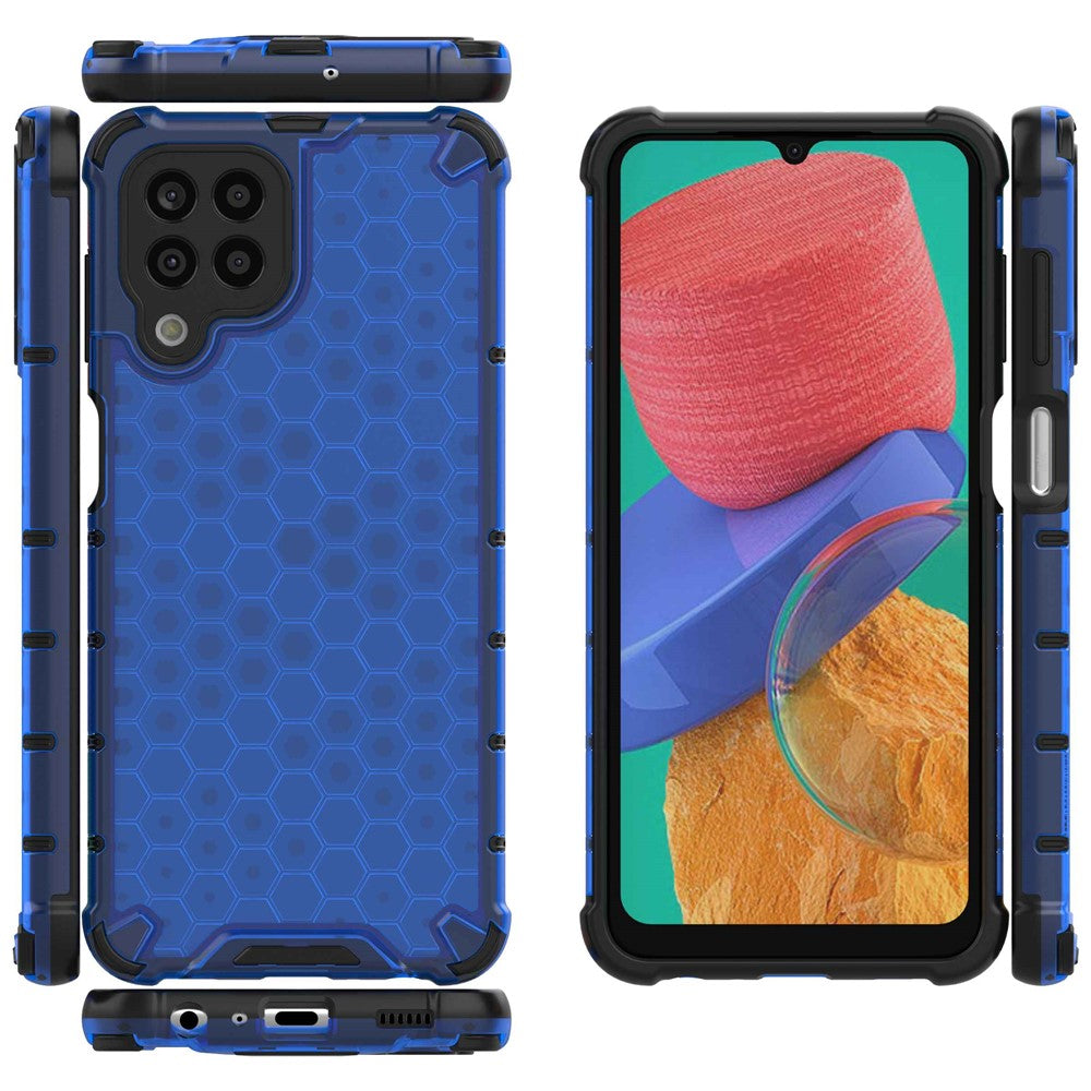 For Samsung Galaxy M33 5G (Global Version) Honeycomb Textured Soft TPU + Hard PC Phone Anti-drop Case Hybrid Protective Cover - Blue