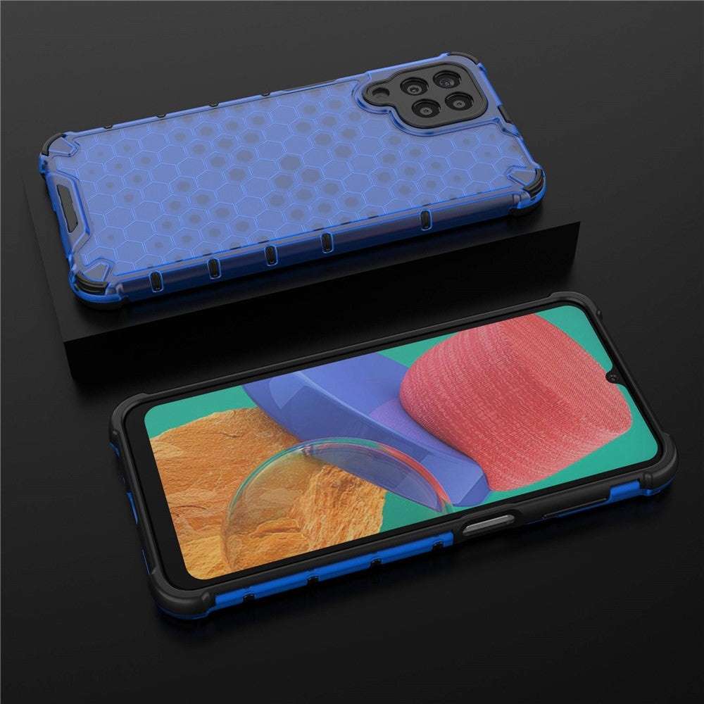 For Samsung Galaxy M33 5G (Global Version) Honeycomb Textured Soft TPU + Hard PC Phone Anti-drop Case Hybrid Protective Cover - Blue