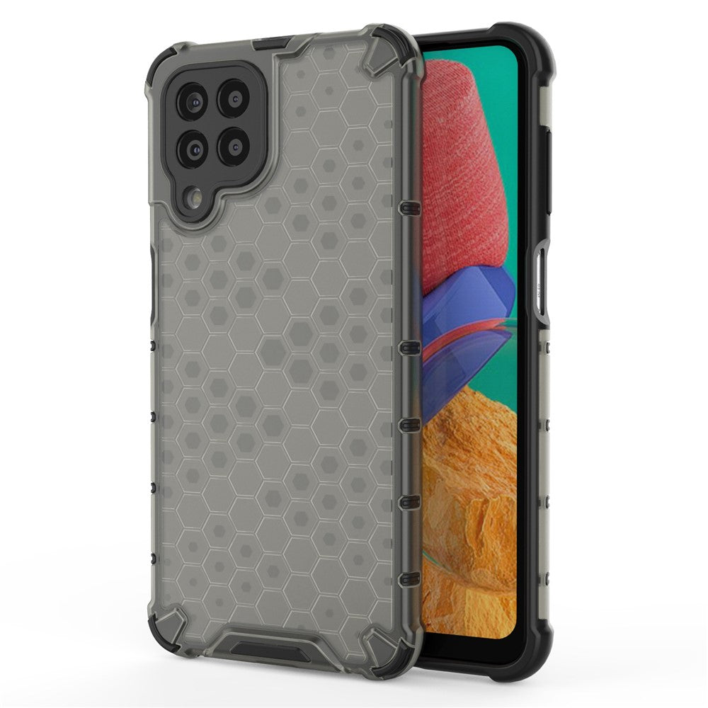 For Samsung Galaxy M33 5G (Global Version) Honeycomb Textured Soft TPU + Hard PC Phone Anti-drop Case Hybrid Protective Cover - Black