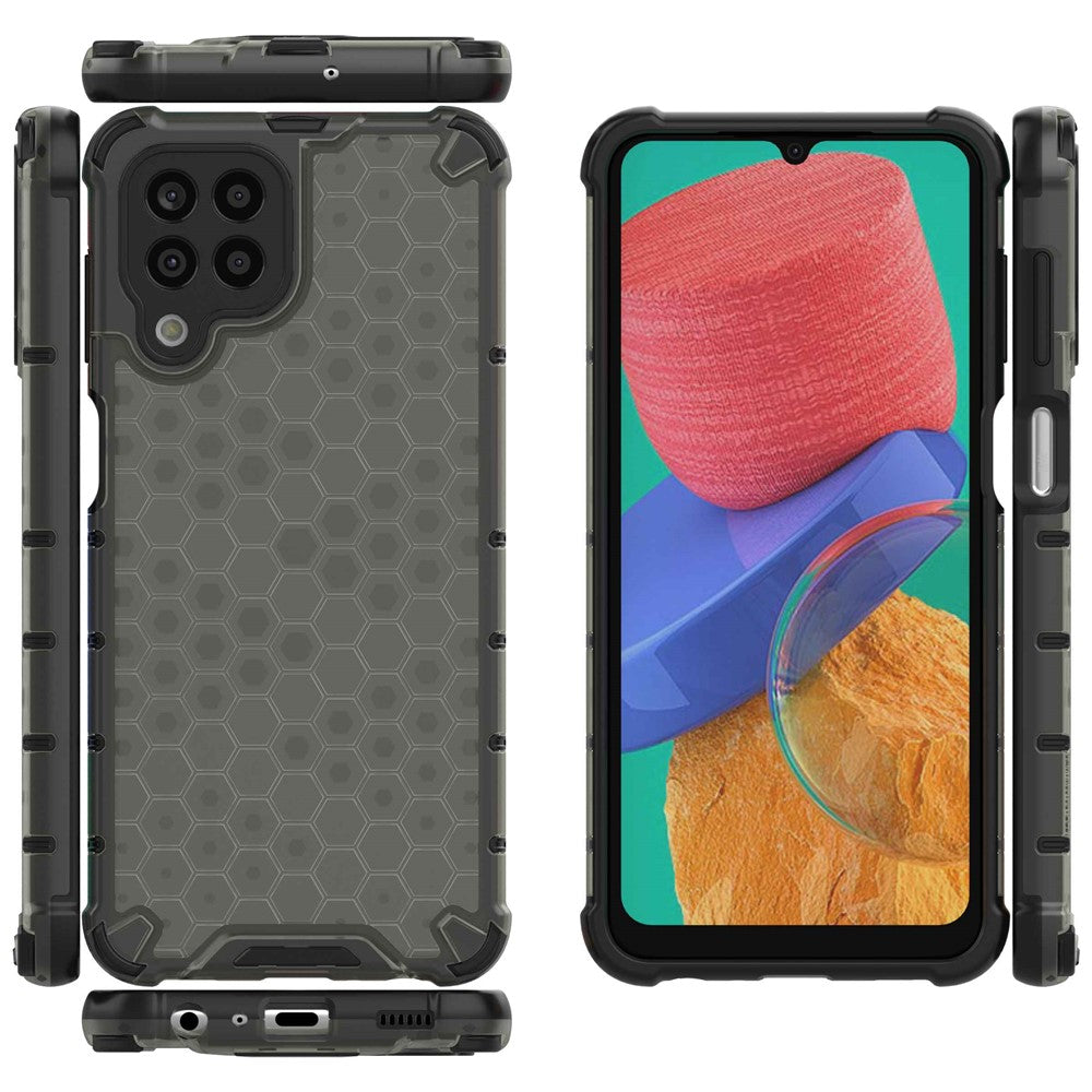 For Samsung Galaxy M33 5G (Global Version) Honeycomb Textured Soft TPU + Hard PC Phone Anti-drop Case Hybrid Protective Cover - Black