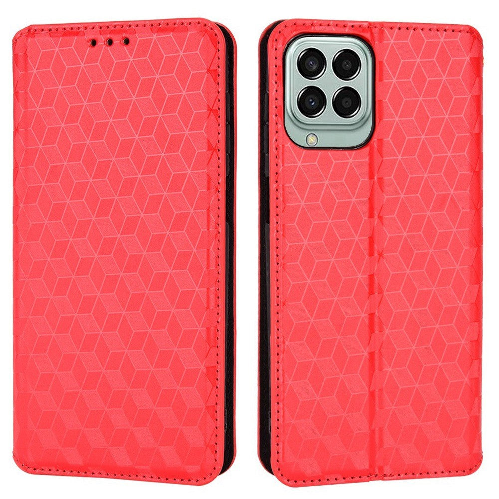For Samsung Galaxy M53 5G Imprinted Rhombus Pattern Phone Case PU Leather Stand Magnetic Auto Closure Wallet Phone Shell - Red