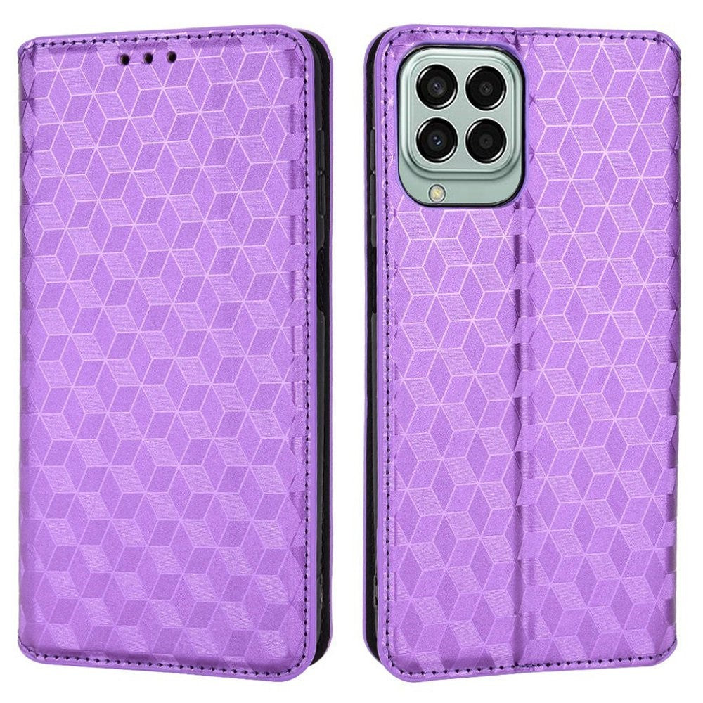 For Samsung Galaxy M53 5G Imprinted Rhombus Pattern Phone Case PU Leather Stand Magnetic Auto Closure Wallet Phone Shell - Purple